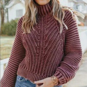 Free People Sweetheart Sweater Chunky Mock‎ Neck Garnet Grotto Burgundy Cotton S